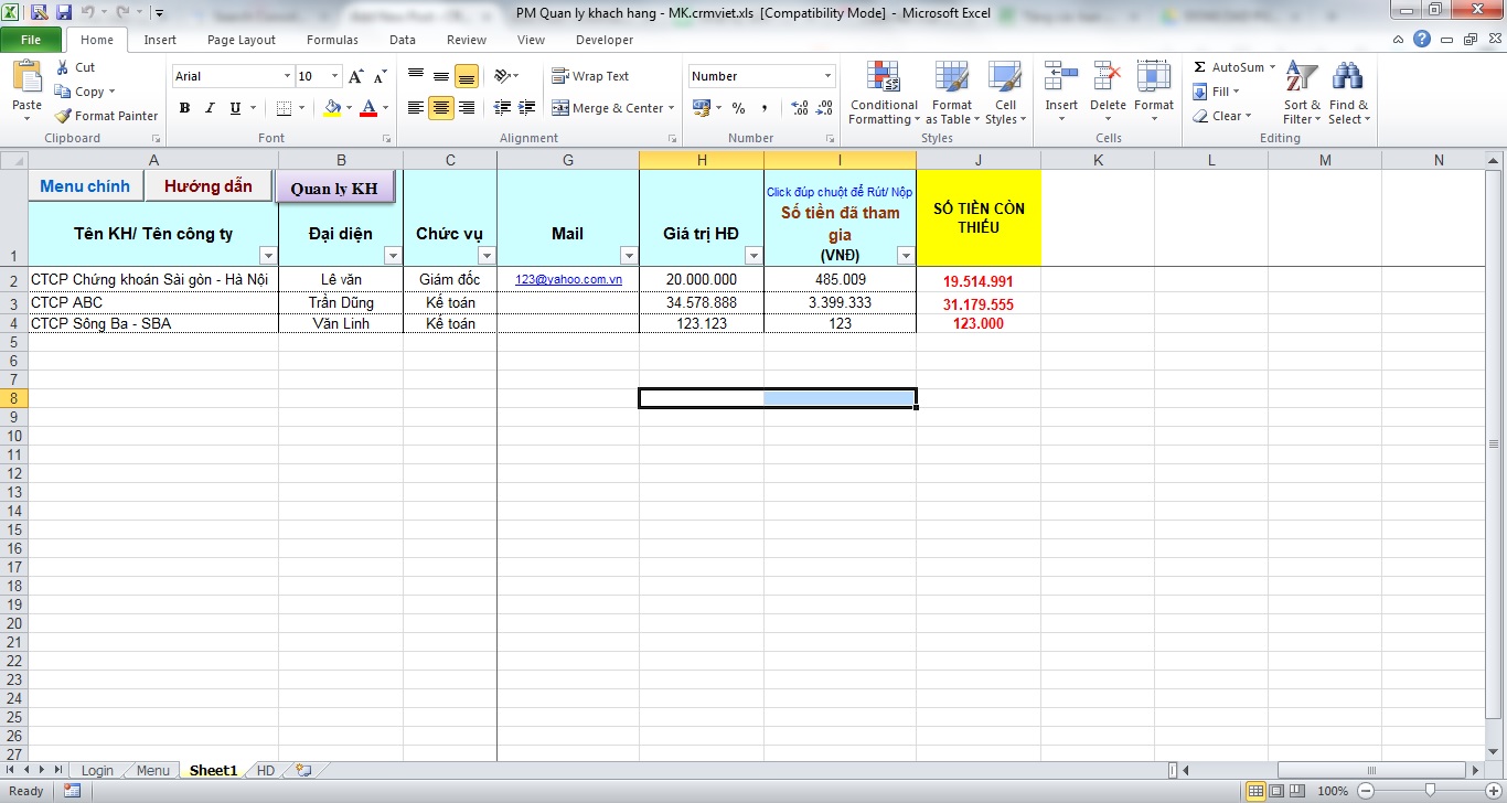 quản lý khách hàng bằng Excel