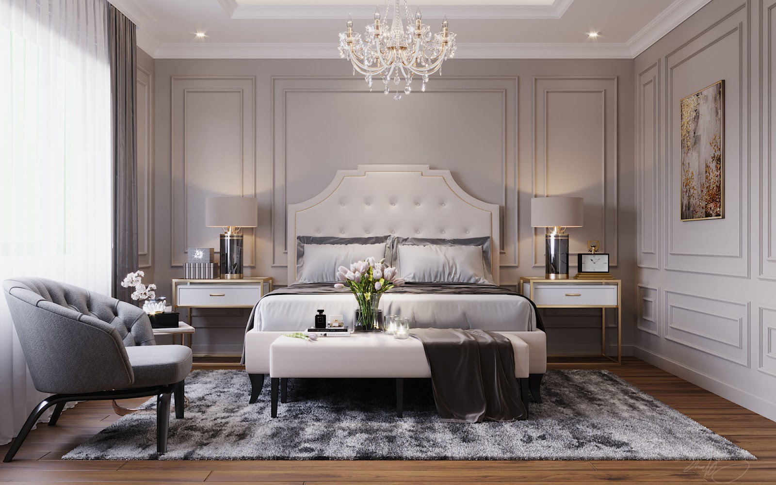 Phòng ngủ được thiết kế theo phong cách tân cổ điển sang trọng, tinh tế với gam màu sáng